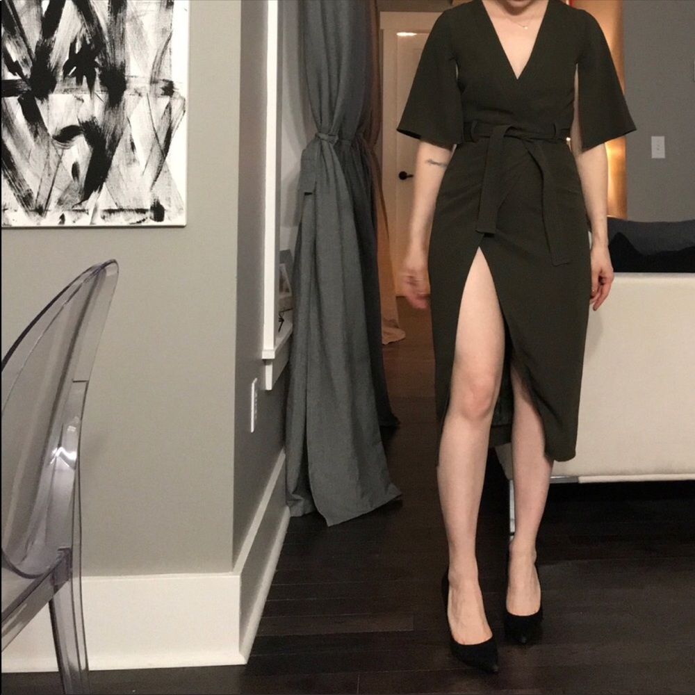 ASOS midi dress wrap tie olive kimono